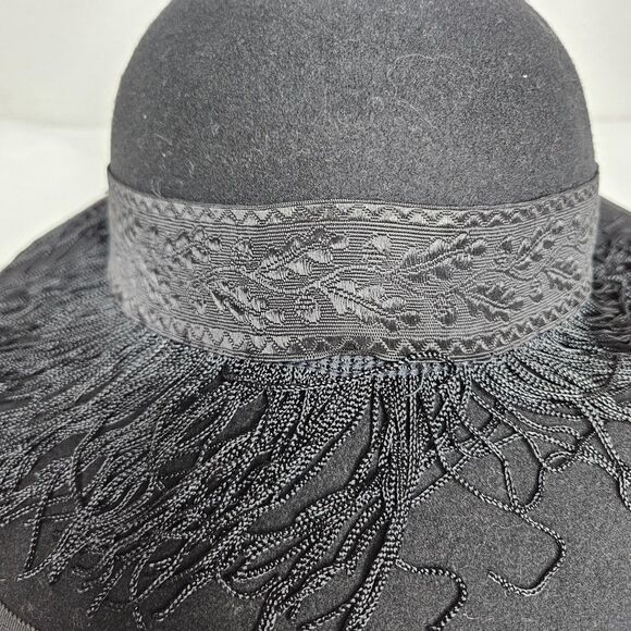 Vintage Dobbs Doeskin Fifth Avenue Black Felt Hat Fringe Floral Band Wool‎ USA main image 5